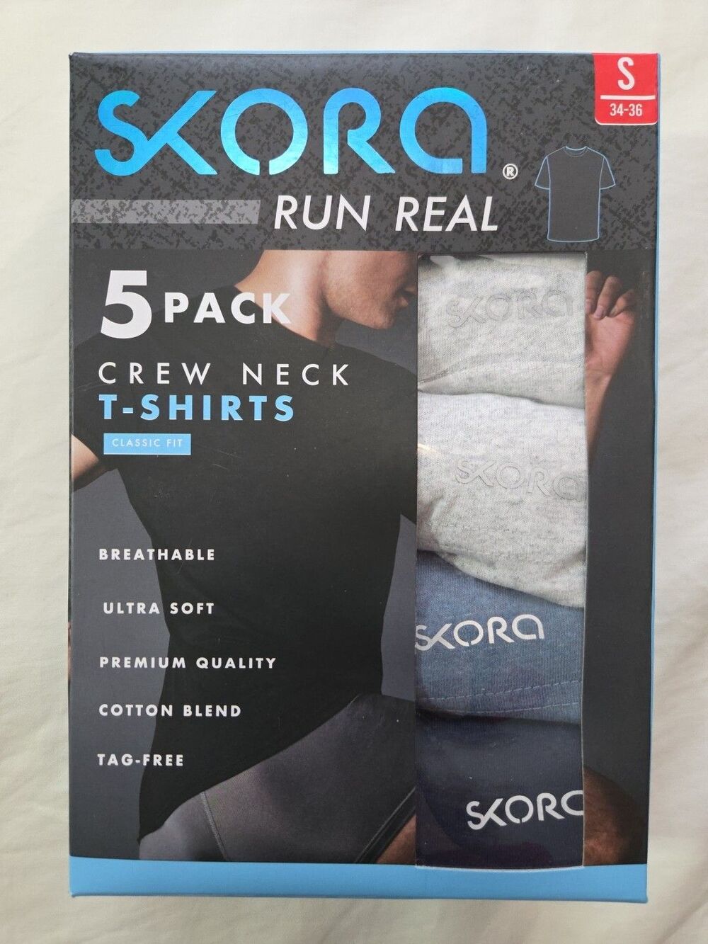 Skora Run Real Men’s 5-Pack Crew Neck T-Shirts Small 34-36 Blend NWT $62.50